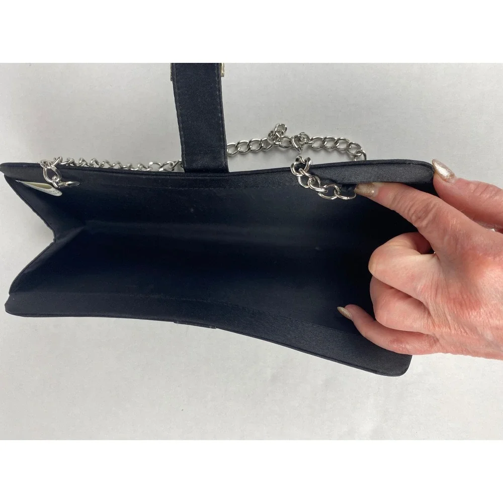 Black Satin Evening Clutch Bag Rhinestone Buckle Silver‎ Chain Strap Formal Bag